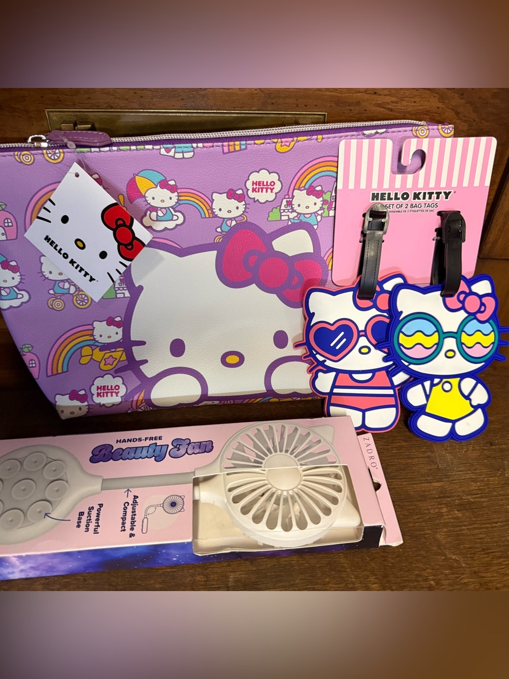 New Lot of 3 Items: Hello kitty Cosmetic Bag, Luggage Tags and Fan